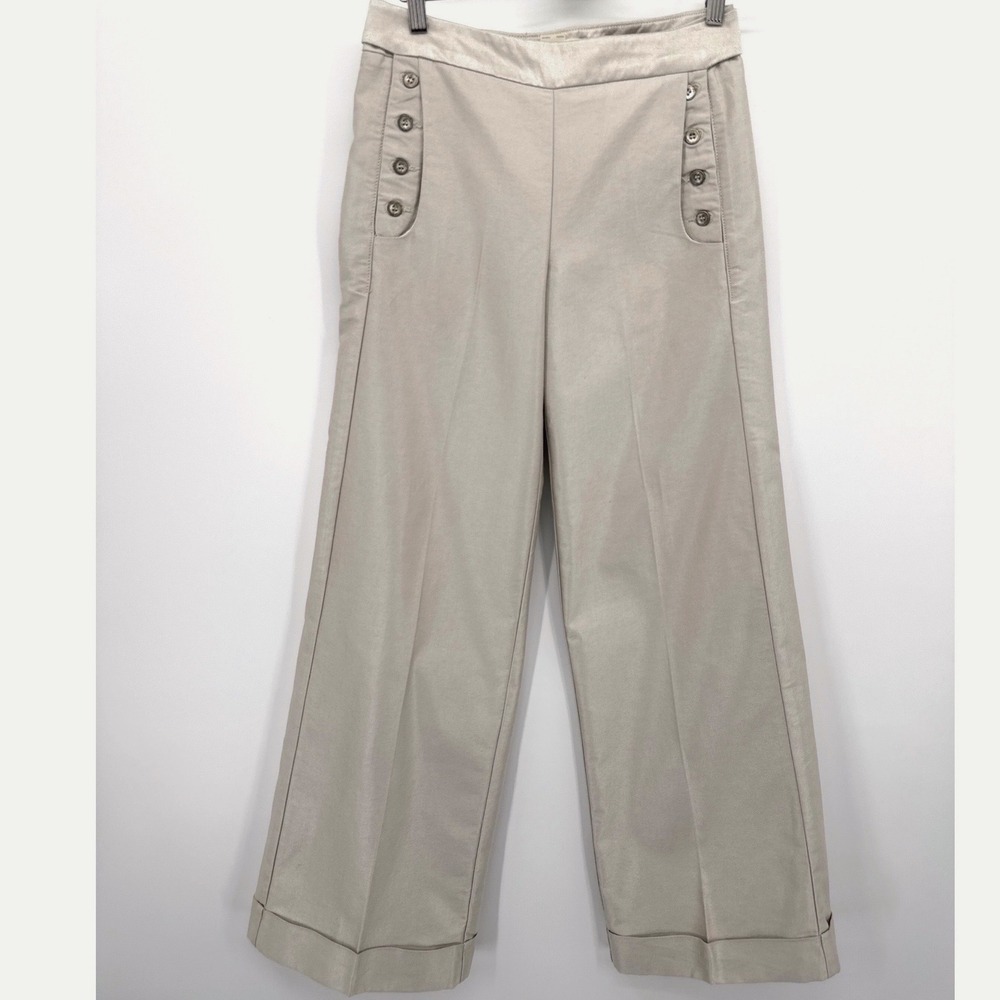French Connection Sailor Pants 4 Biscuit Beige Wide Cuffed Leg Twill Luxury NWT